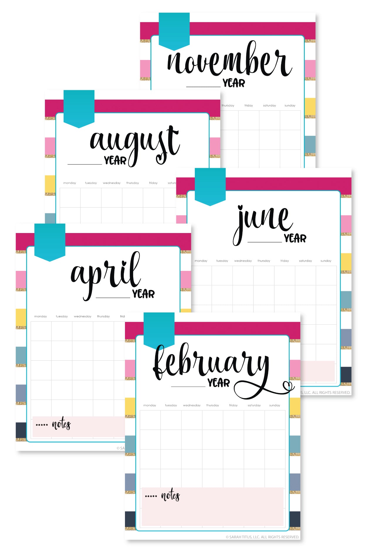 Rainbow Striped Undated Calendar {12 Pages}