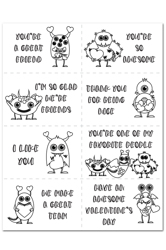 Monster Valentine's Day Cards - Colorable