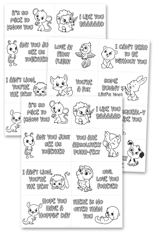 Colorable Animal Pun Valentine's Day CardsColorable Animal Pun Valentine's Day Cards