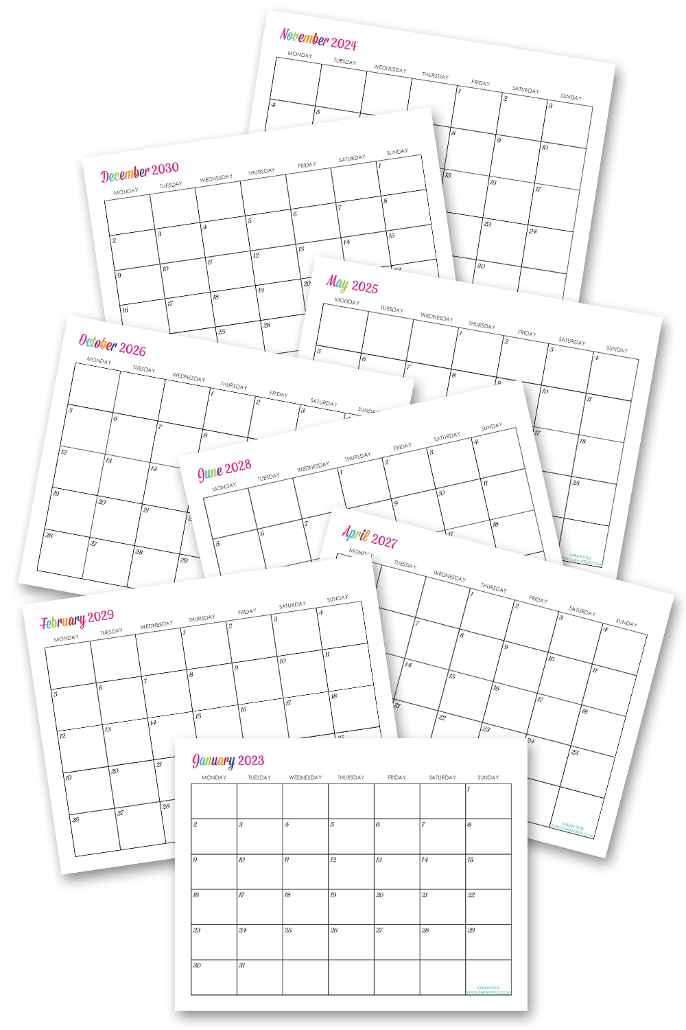 Editable Monday Start Calendars
