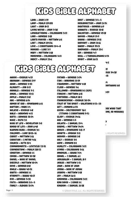 Kids Bible Alphabet List