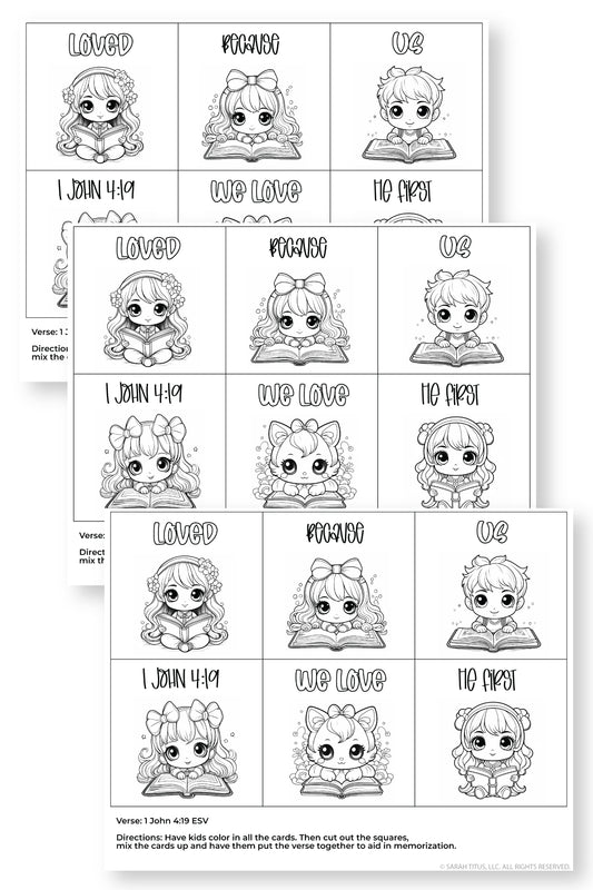 Memorize 1 John 4:19 Coloring Mixup Cards