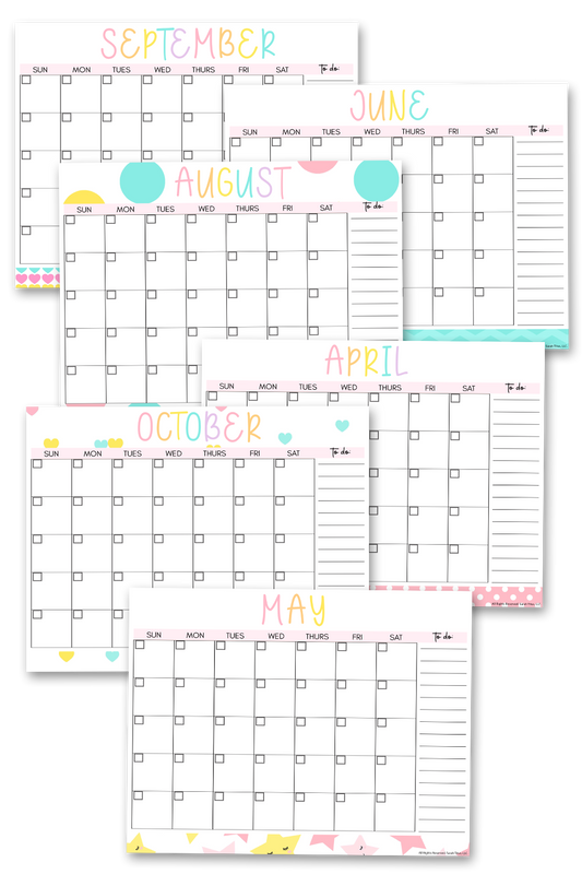 Undated Pastel Monthly Planner Calendars