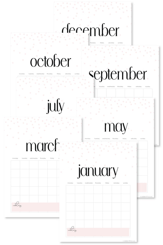 Pink Stars Undated Calendar {12 Pages)