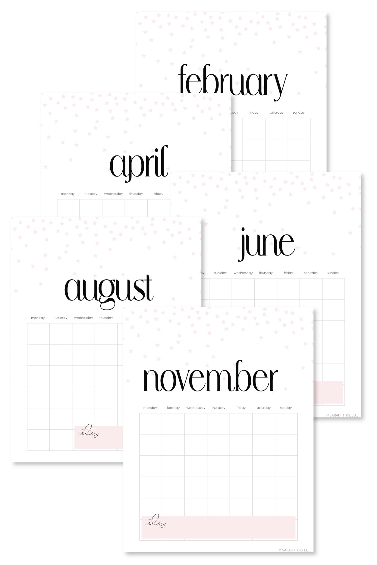 Pink Stars Undated Calendar {12 Pages)