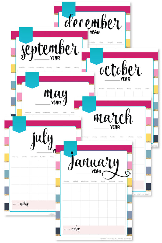 Rainbow Striped Undated Calendar {12 Pages}