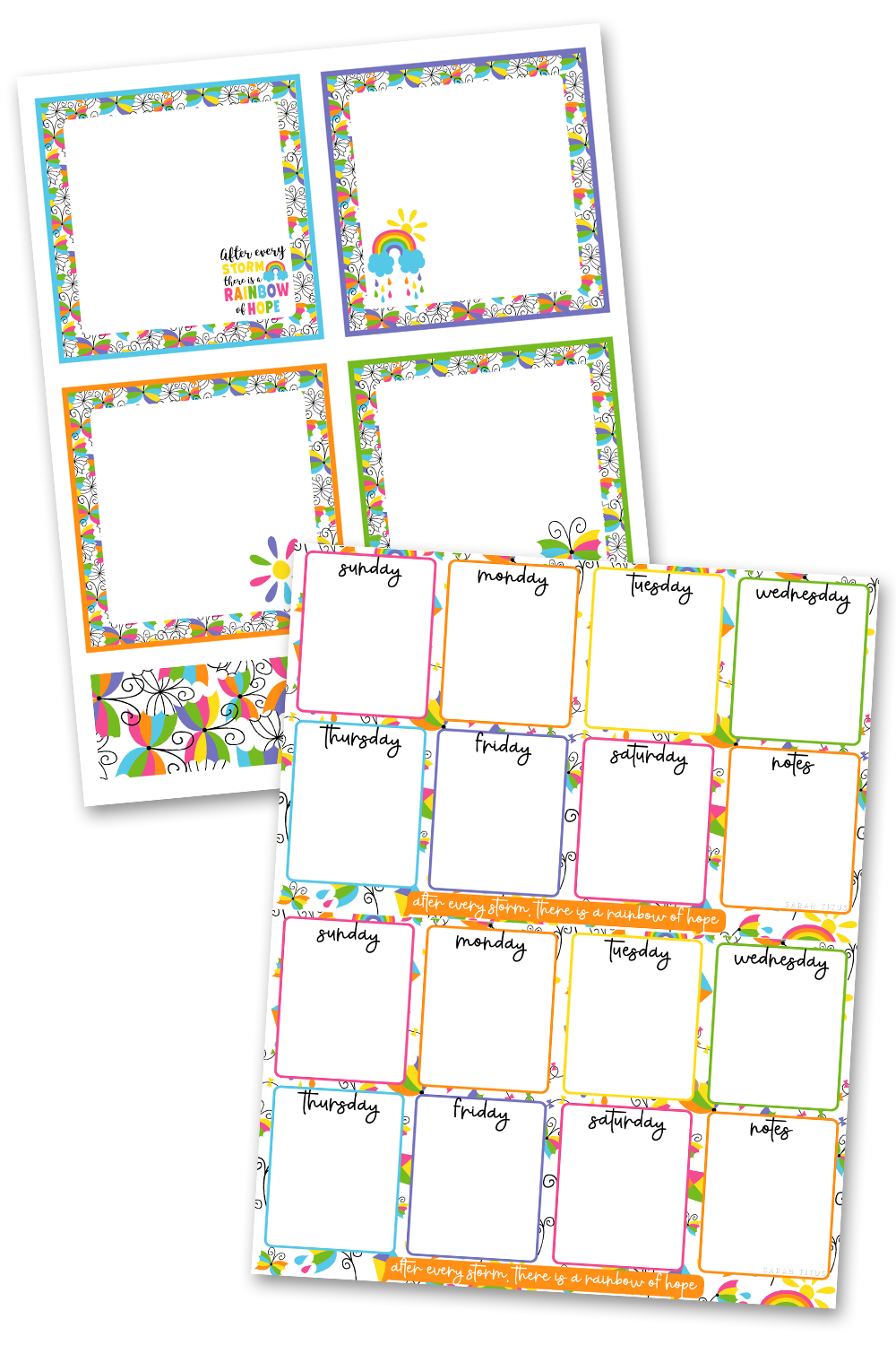 Rainbow Weekly Planner Calendar, Bookmarks and Post-It Notes