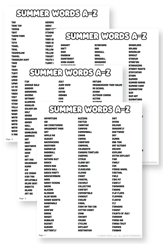 Summer Words List